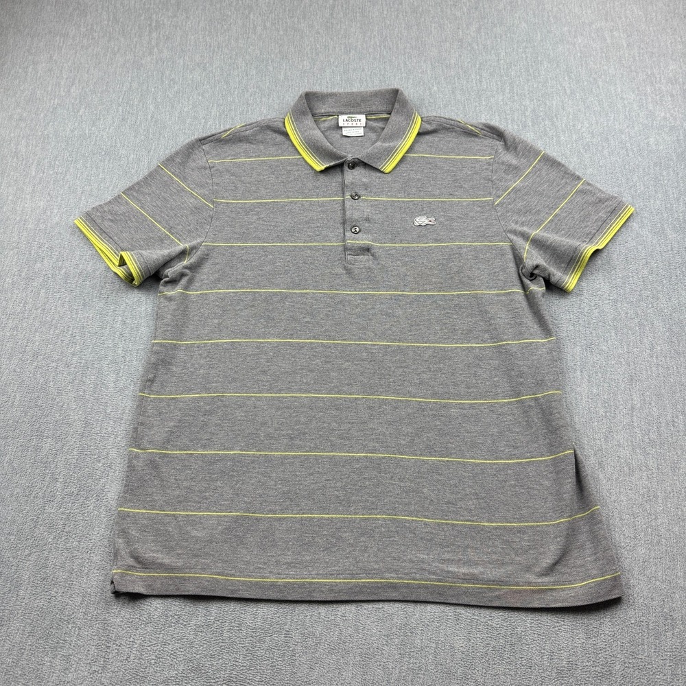 Lacoste Sport Shirt Men 6 Large Gray Striped Tennis Short Sleeve Collared Active